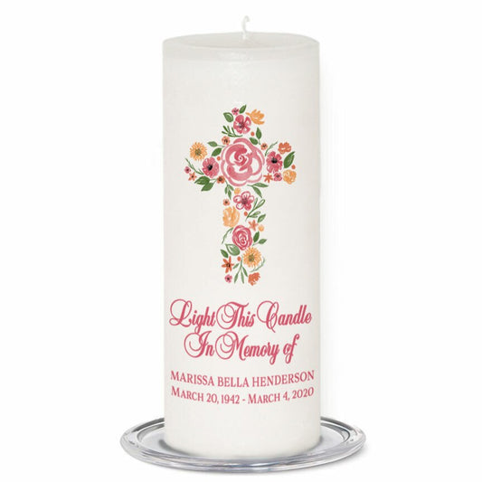 Flowers Cross Personalized Wax Pillar Memorial Candle.