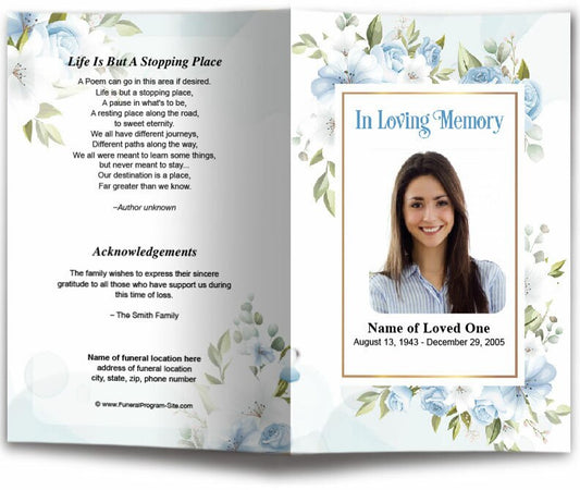 Blue Blossom Watercolor Funeral Program Template.