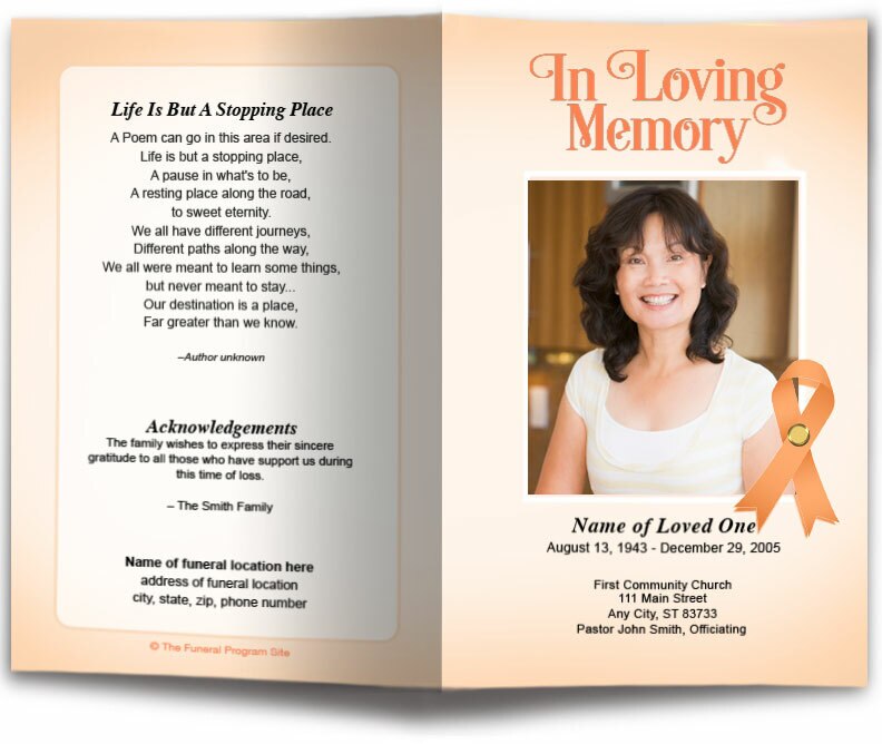 Uterine Cancer Peach Ribbon Funeral Program Template.