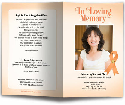 Uterine Cancer Peach Ribbon Funeral Program Template.