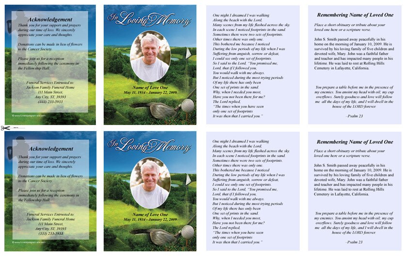 Golfer Small Memorial Card Template.