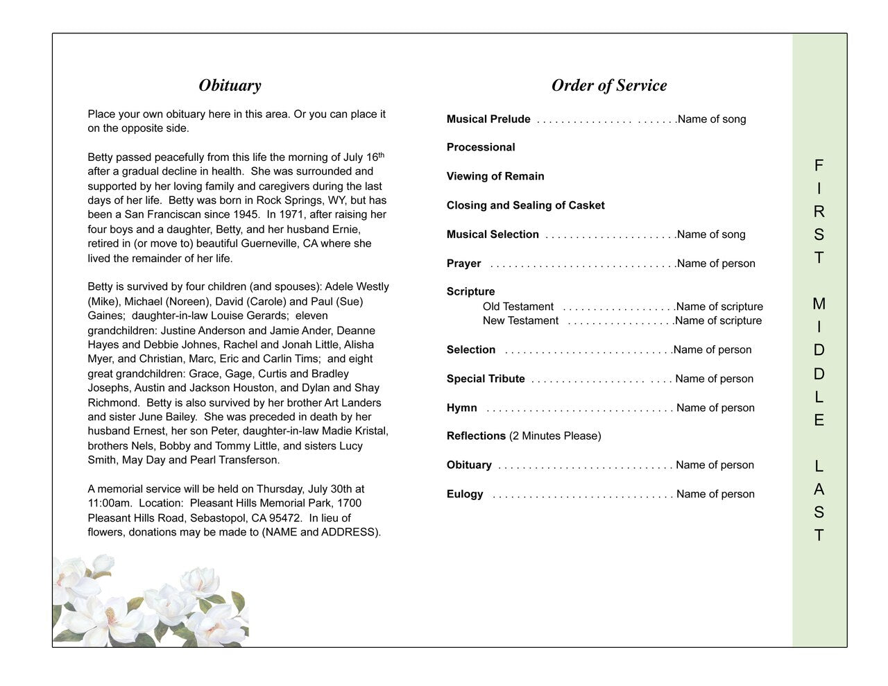 Gardenia 4-Sided Graduated Funeral Program Template.