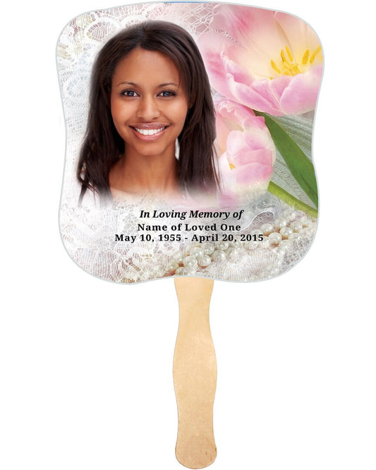 Pearls Cardstock Memorial Fan With Wooden Handle (Pack of 10).