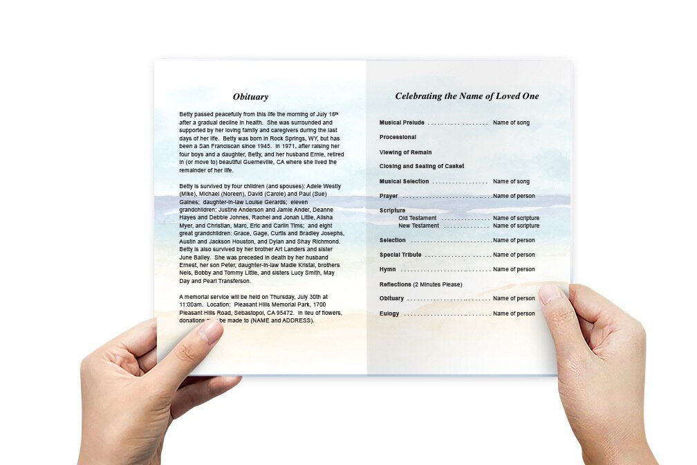 Beach Watercolor Funeral Program Template.