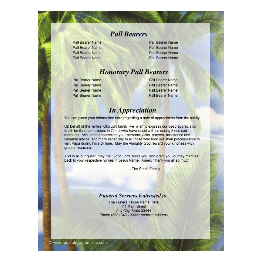 Paradise Small Memorial Card Template.