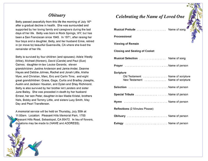 Hummingbird Funeral Program Template.