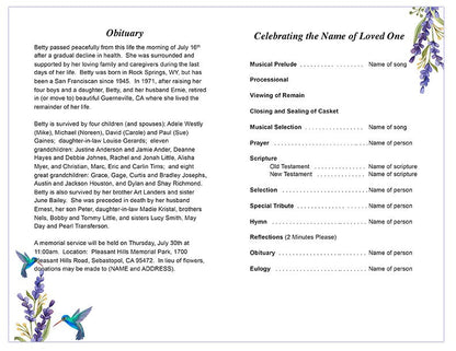 Hummingbird Funeral Program Template.
