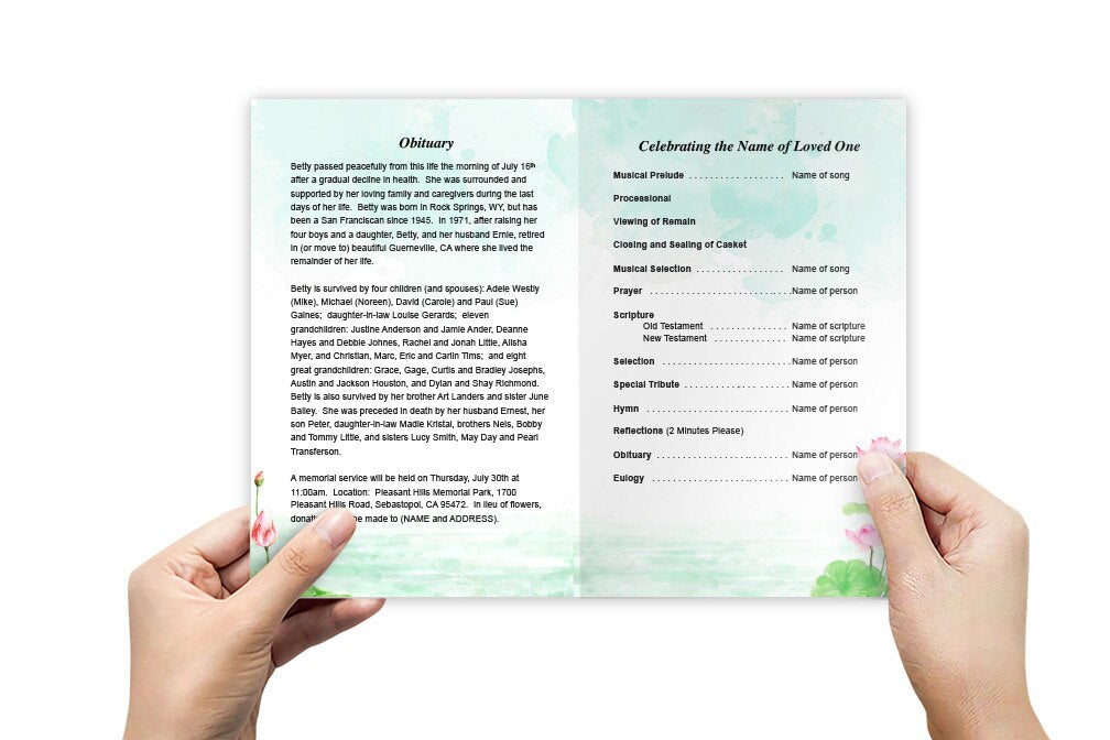 Water Lilies Watercolor Funeral Program Template.