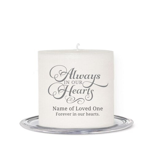 Always In Our Hearts Personalized Small Wax Memorial Candle.