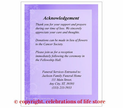 Lavender Small Memorial Card Template.