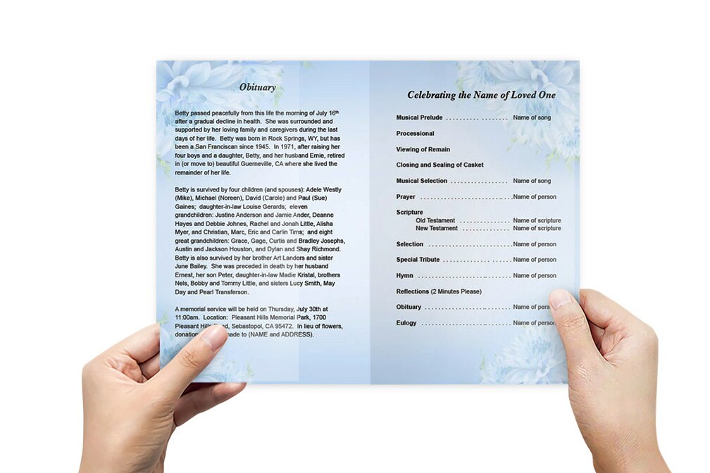 Blue Florals Funeral Program Template.