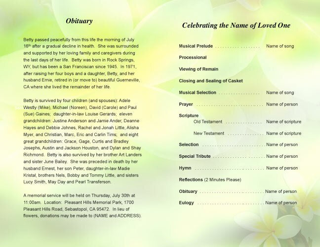 Plumeria Funeral Program Template.