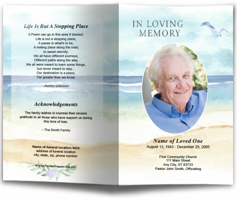 Beach Watercolor Funeral Program Template.