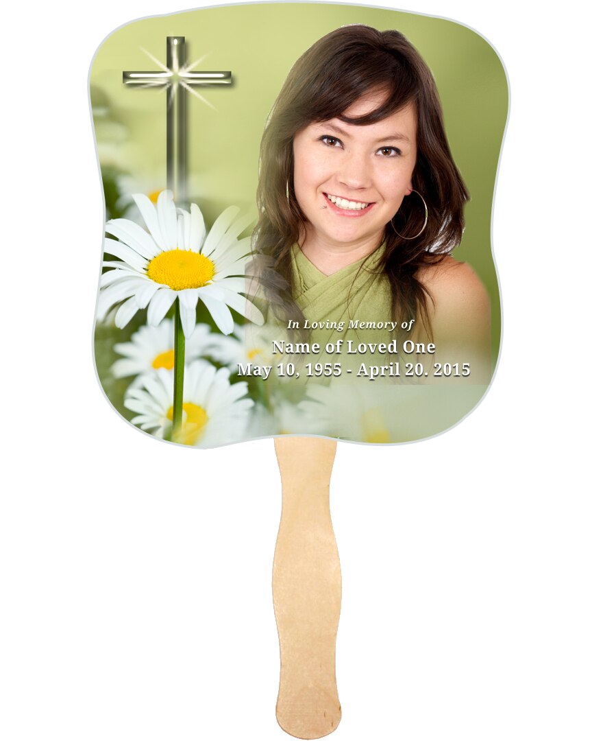 Daisy Cardstock Memorial Fan With Wooden Handle (Pack of 10).