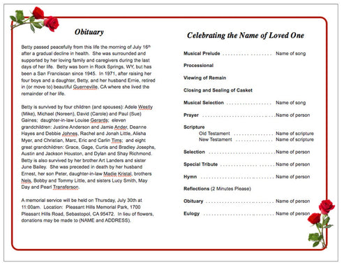 Funeral Program With Roses DIY Red Roses Funeral Program Template – Funeral Program-Site Funeral ...