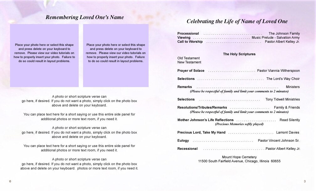 Lavender Funeral Booklet Template.