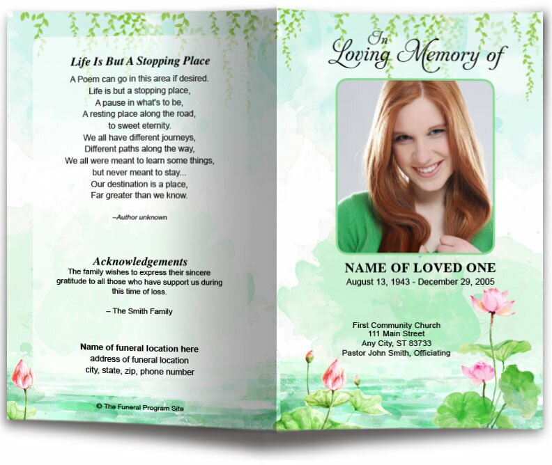 Water Lilies Watercolor Funeral Program Template.