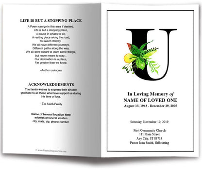 Monogram U Leaves Funeral Program Template.