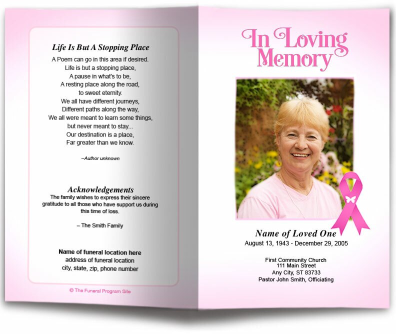 Breast Cancer Pink Ribbon Funeral Program Template.