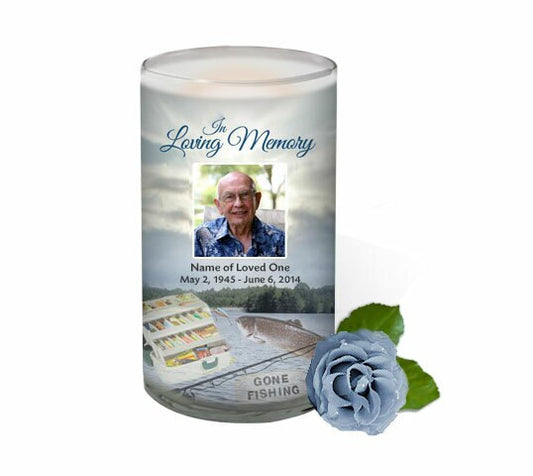 Angler Personalized Glass Memorial Candle.