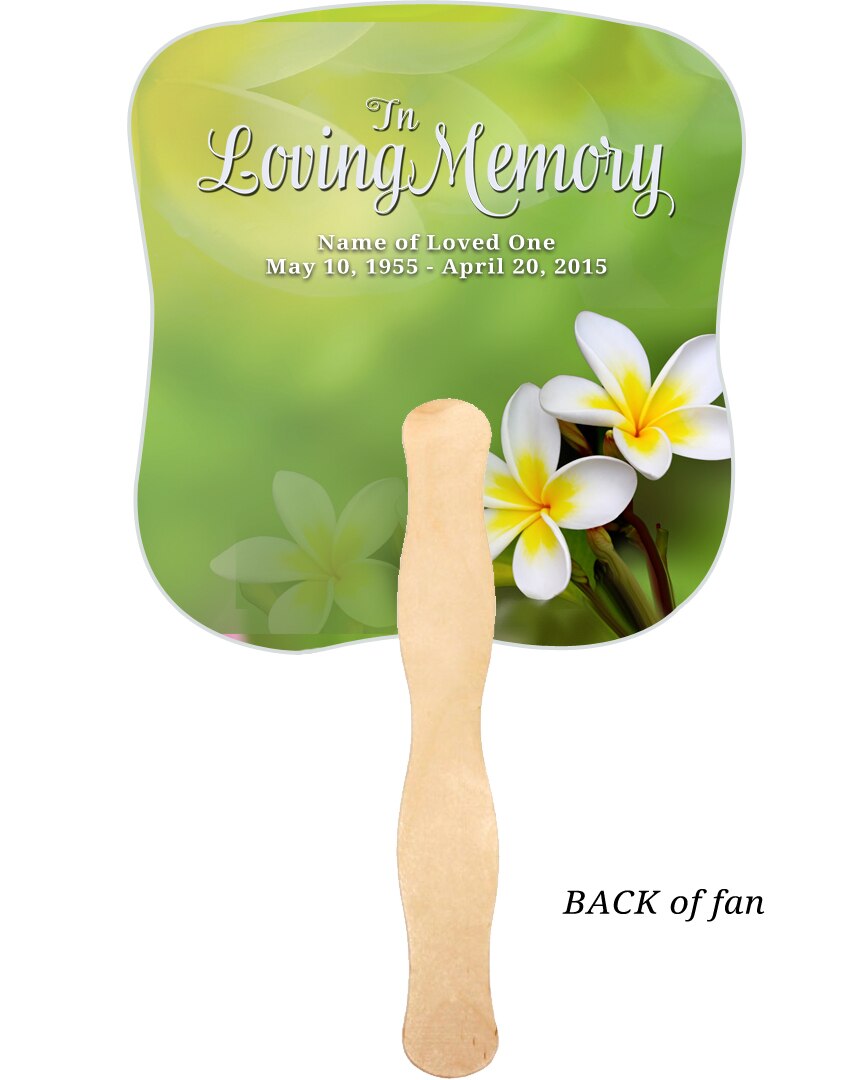 Plumeria Cardstock Memorial Fan With Wooden Handle (Pack of 10).