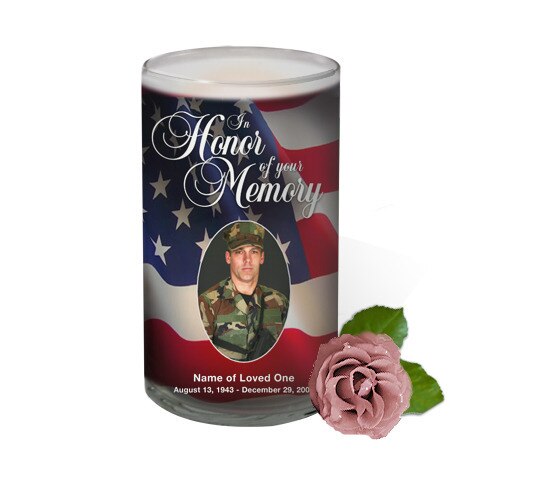 US Flag Personalized Glass Memorial Candle.