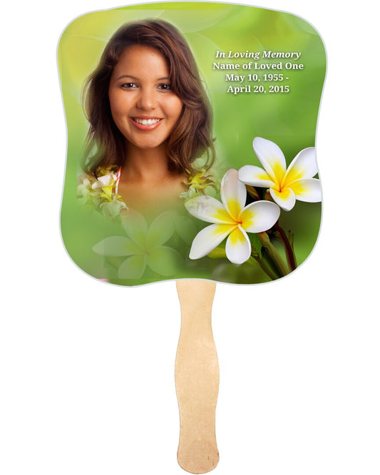 Plumeria Cardstock Memorial Fan With Wooden Handle (Pack of 10).