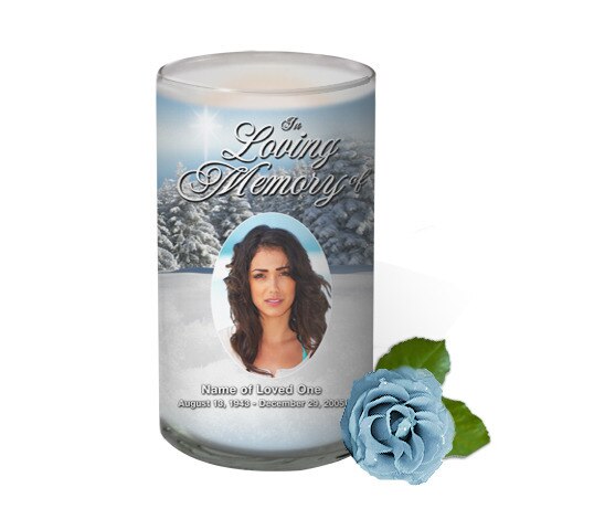 Snowcaps Personalized Glass Memorial Candle.