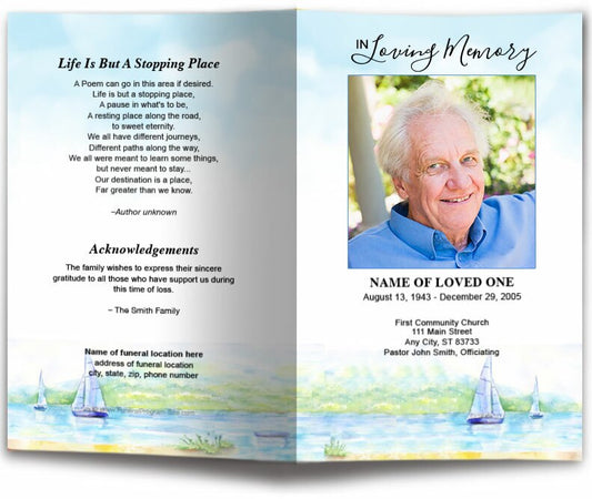 Sailing  Watercolor Funeral Program Template.