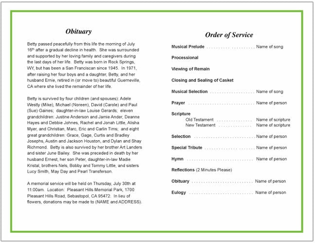 Dedication Funeral Program Template.