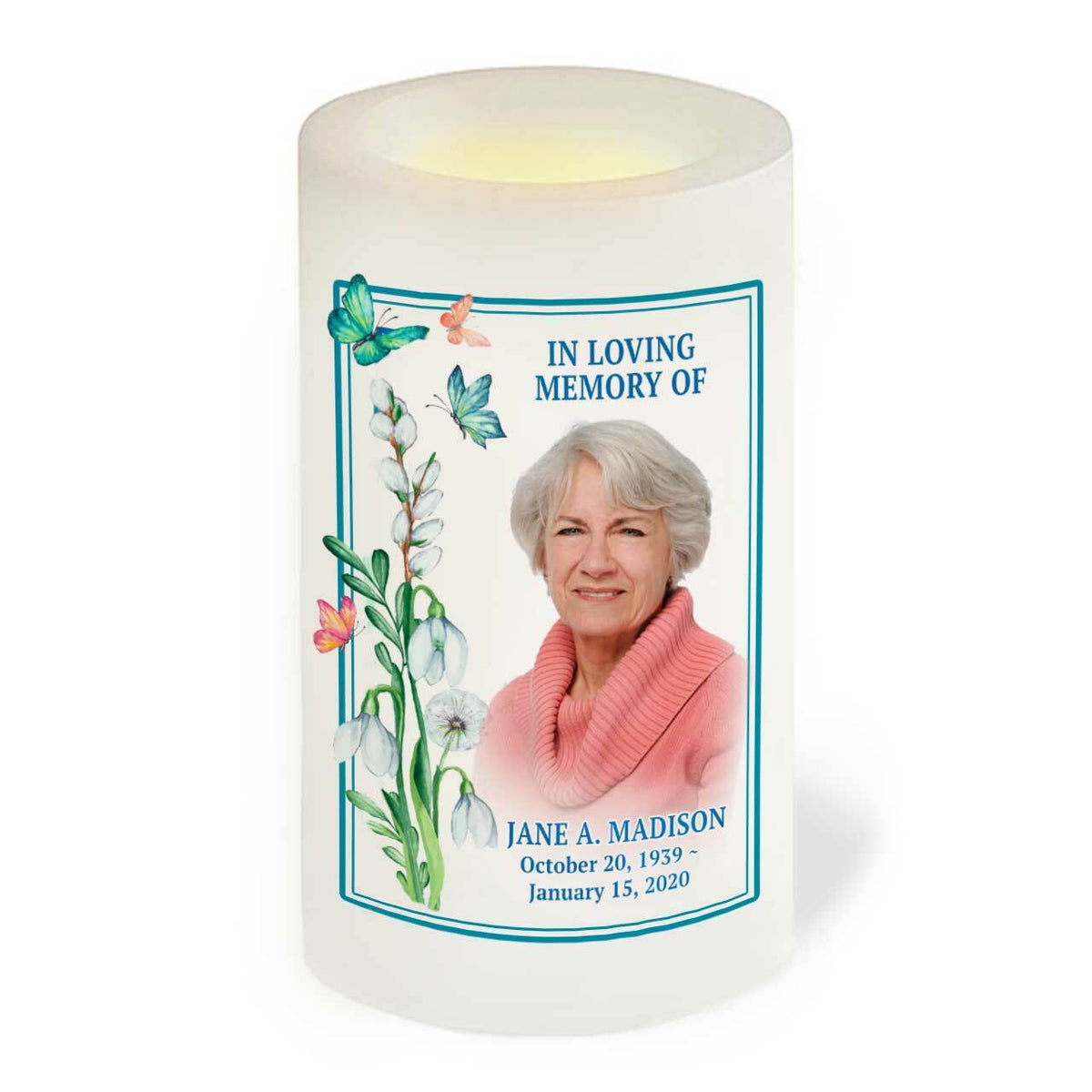 Funeral Led Butterfly Florals Personalized Flameless LED Memorial Candle – Funeral ...