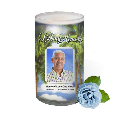 Paradise Personalized Glass Memorial Candle.