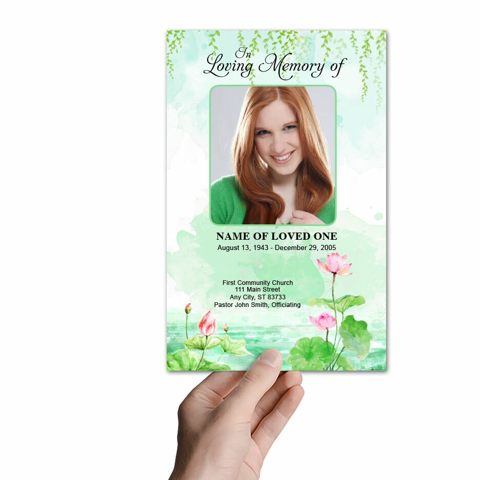 Water Lilies Watercolor Funeral Program Template.