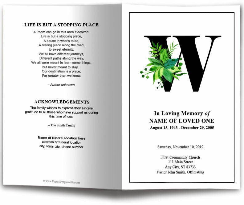 Monogram W Leaves Funeral Program Template.