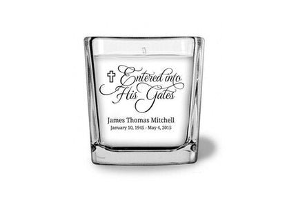 Entered Into His Gates Glass Cube Memorial Candle.