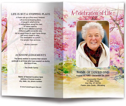 Cherry Blossom Watercolor Funeral Program Template.