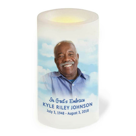 Blue Skies Full Wrap Flameless LED Memorial Candle.