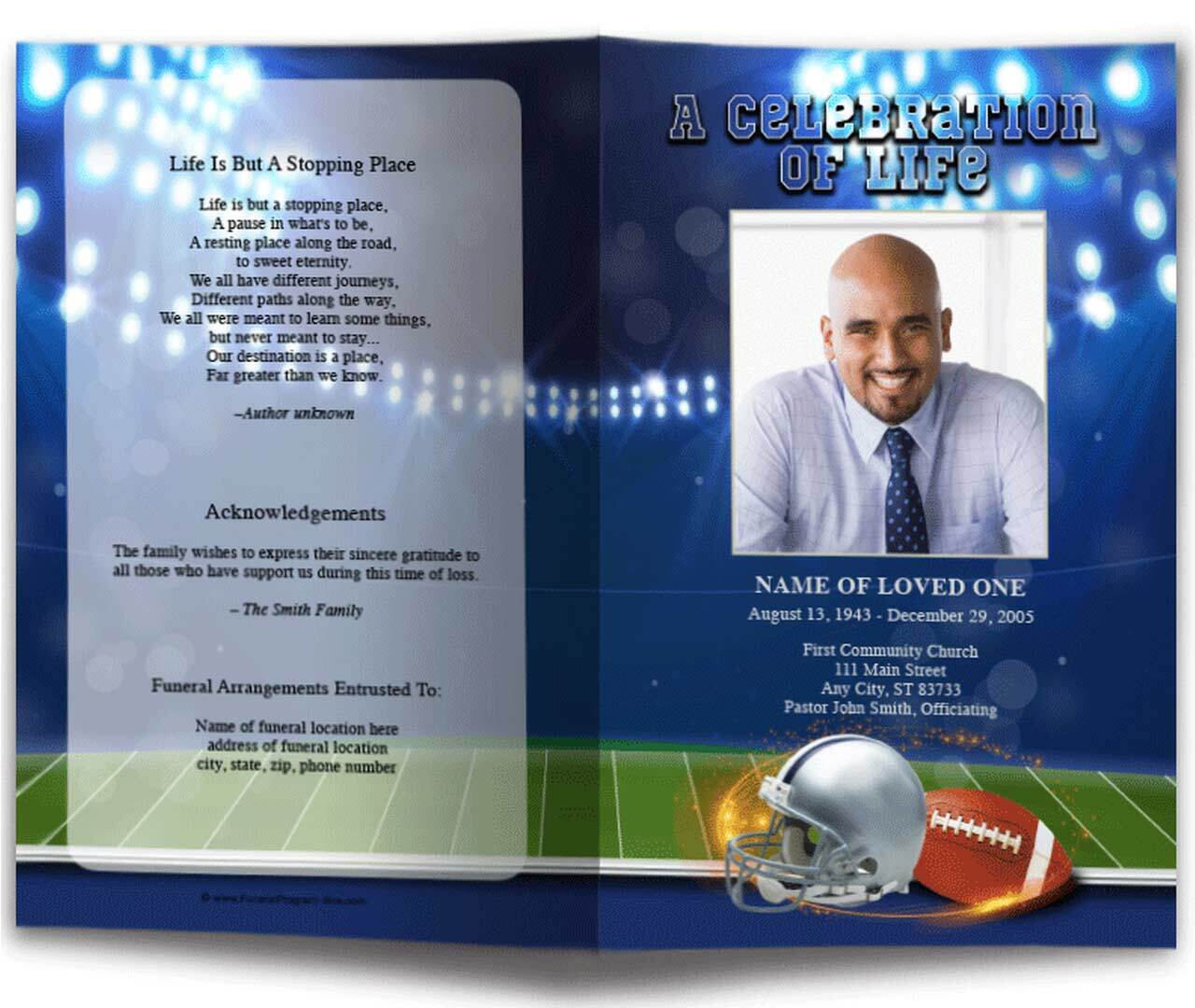 Navy Blue-Silver Football Team Color Funeral Program Template.