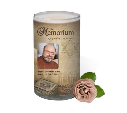 Jewish Personalized Glass Memorial Candle.