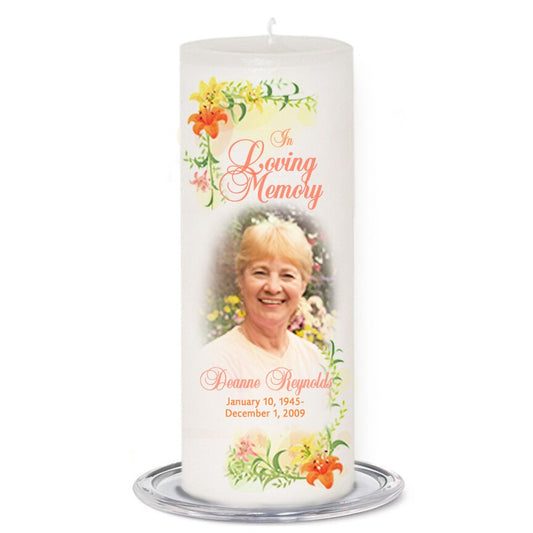 Lily Personalized Wax Pillar Memorial Candle.