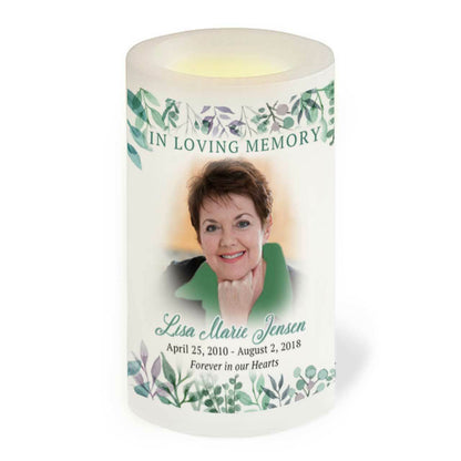 Eucalyptus Personalized Flameless LED Memorial Candle.