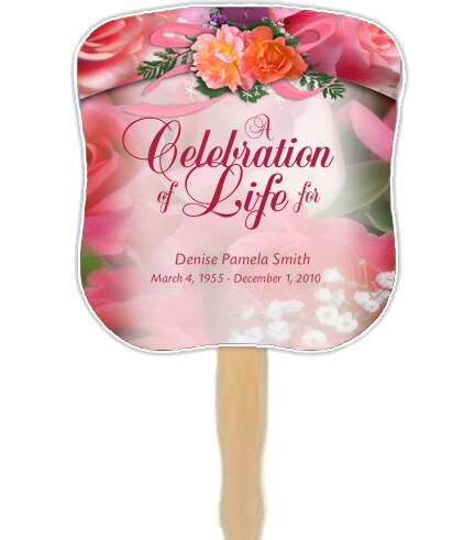Rosy Cardstock Memorial Fan With Wooden Handle (Pack of 10).