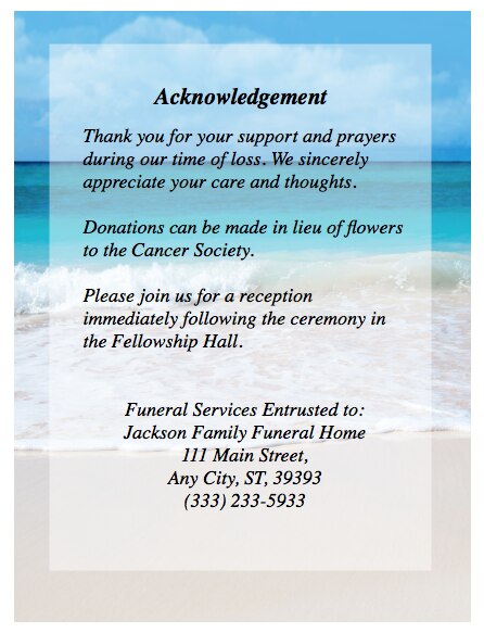 Caribbean Small Memorial Card Template.