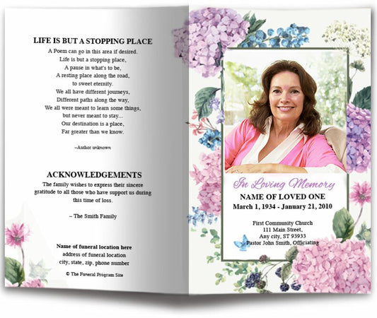 Hydrangea Watercolor Funeral Program Template.