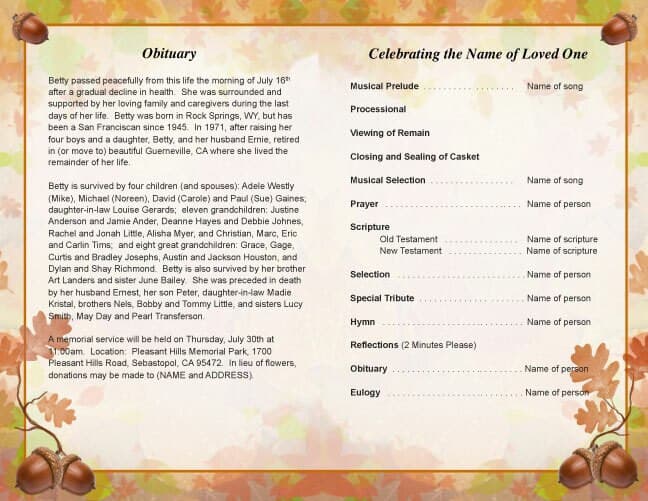 Autumn Funeral Program Template.