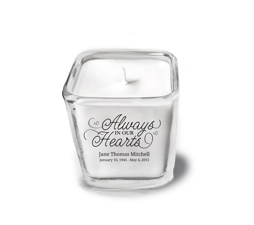 Always In Hearts Personalized Glass Cube Memorial Candle.