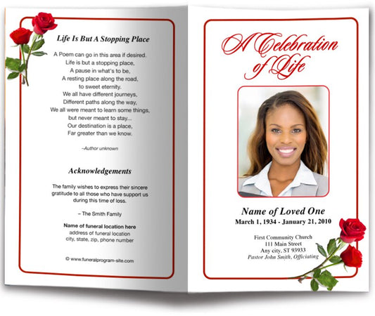 Red Roses Funeral Program Template.