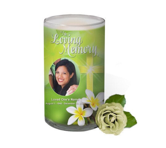 Plumeria Cross Personalized Glass Memorial Candle.