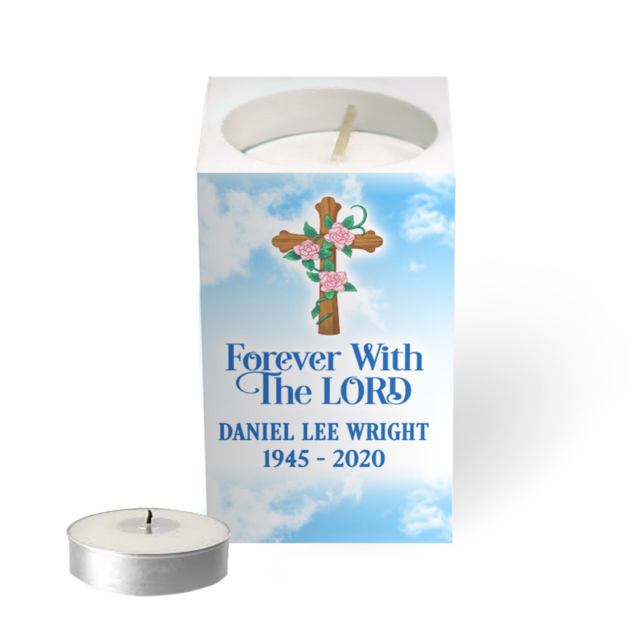 Faith Cross Personalized Mini Memorial Tea Light Candle Holder.
