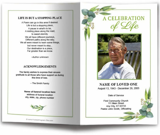 Eucalyptus Watercolor Funeral Program Template.